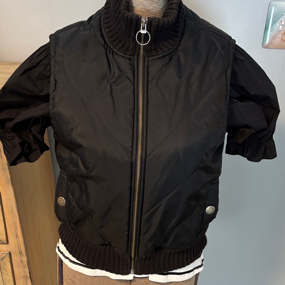 Caslon Black Puffer Ribbed Cotton Collar Full Zip Vest